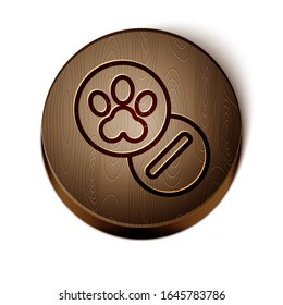 Brown line Dog and pills icon isolated on white background. Prescription medicine for animal. Wooden circle button. Vector Illustration