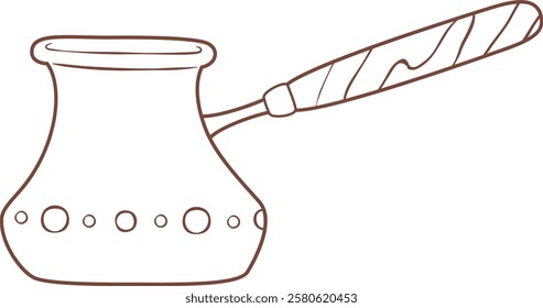 Brown line drawing of a cezve with a long wooden handle, decorated with small circles, used for preparing turkish coffee, representing turkish culture and coffee brewing traditions