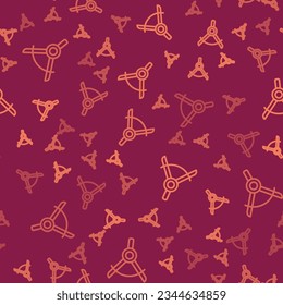 Brown line Drawing compass icon isolated seamless pattern on red background. Compasses sign. Drawing and educational tools. Geometric instrument.  Vector