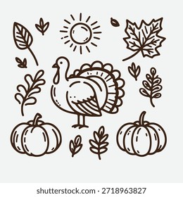 Un dibujo de línea marrón de un pavo rodeado por dos calabazas y varias hojas con un sol sobre un fondo blanco