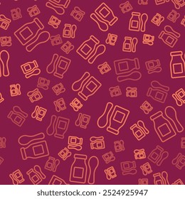 Brown line Drinking yogurt in bottle with spoon icon isolated seamless pattern on red background. Baby food.  Vector