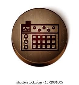 Brown line Drum machine icon isolated on white background. Musical equipment. Wooden circle button. Vector Illustration