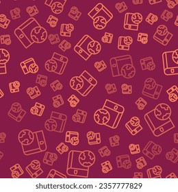 Brown line Earth globe and book icon isolated seamless pattern on red background. World or Earth sign. Global internet symbol. Geometric shapes.  Vector