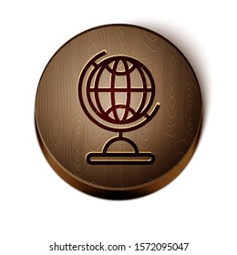 Brown line Earth globe icon isolated on white background. Wooden circle button. Vector Illustration