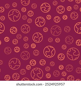 Brown line Earth globe icon isolated seamless pattern on red background. World or Earth sign. Global internet symbol. Geometric shapes.  Vector
