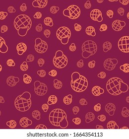 Brown line Earth planet in water drop icon isolated seamless pattern on red background. Saving water and world environmental protection.  Vector Illustration