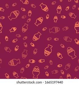 Brown line Easter egg on a stand icon isolated seamless pattern on red background. Happy Easter.  Vector Illustration