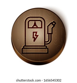 Brown line Electric car charging station icon isolated on white background. Eco electric fuel pump sign. Wooden circle button. Vector Illustration