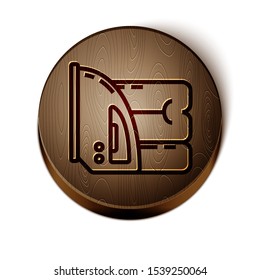 Brown line Electric iron and towel icon isolated on white background. Steam iron. Wooden circle button. Vector Illustration