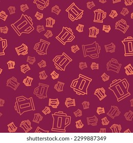 Brown line Electric kettle icon isolated seamless pattern on red background. Teapot icon.  Vector