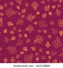 Brown line Electric wiring of socket in fire icon isolated seamless pattern on red background. Electrical safety concept. Plug outlet on fire.  Vector Illustration