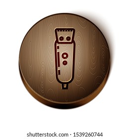 Brown line Electrical hair clipper or shaver icon isolated on white background. Barbershop symbol. Wooden circle button. Vector Illustration