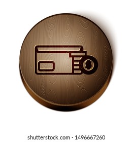 Brown line Envelope with coin dollar symbol icon isolated on white background. Salary increase, money payroll, compensation income. Wooden circle button. Vector Illustration