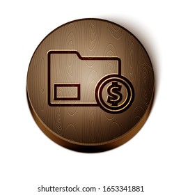 Braune Linie Umschlag mit Symbol für Geldmünzen in Dollar einzeln auf weißem Hintergrund. Gehaltserhöhung, Gehaltsliste, Gehaltsausgleich. Holzkreisknopf. Vektorillustration-Illustration