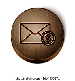 Brown line Envelope with coin dollar symbol icon isolated on white background. Salary increase, money payroll, compensation income. Wooden circle button. Vector Illustration