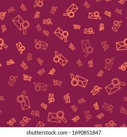 Brown line Envelope mail with magnifying glass icon isolated seamless pattern on red background.  Vector Illustration