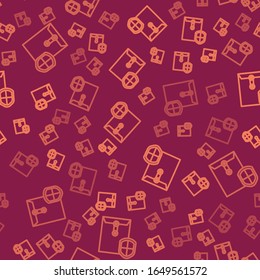 Brown line Envelope with shield icon isolated seamless pattern on red background. Insurance concept. Security, safety, protection, protect concept.  Vector Illustration
