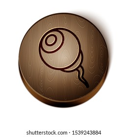 Brown line Eye icon isolated on white background. Happy Halloween party. Wooden circle button. Vector Illustration