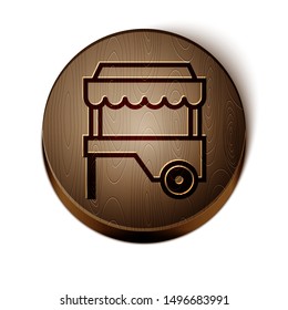 Brown line Fast street food cart with awning icon isolated on white background. Urban kiosk. Wooden circle button. Vector Illustration
