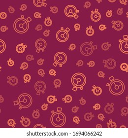 Línea marrón Icono de entrega rápida aislado patrón sin fisuras en el fondo rojo. Servicio puntual, cronómetro en movimiento, concepto de fecha límite, velocidad del reloj. Ilustración vectorial