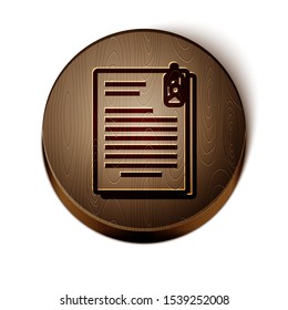 Brown line File document and paper clip icon isolated on white background. Checklist icon. Business concept. Wooden circle button. Vector Illustration