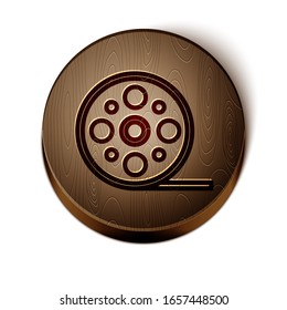 Brown line Film reel icon isolated on white background. Wooden circle button. Vector Illustration