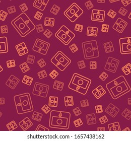 Brown line Fire alarm system icon isolated seamless pattern on red background. Pull danger fire safety box.  Vector Illustration