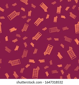 Brown line Fire in burning building on city street icon isolated seamless pattern on red background.  Vector Illustration