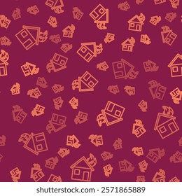 Brown line Fire in burning house icon isolated seamless pattern on red background.  Vector Illustration