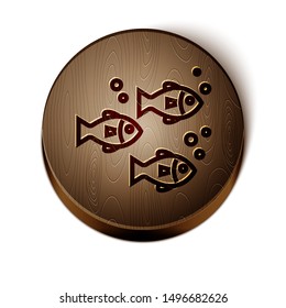 Brown line Fish icon isolated on white background. Wooden circle button. Vector Illustration