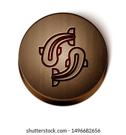 Brown line Fish icon isolated on white background. Wooden circle button. Vector Illustration