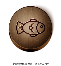 Brown line Fish icon isolated on white background. Wooden circle button. Vector Illustration