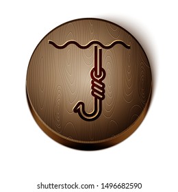 Brown line Fishing hook under water icon isolated on white background. Fishing tackle. Wooden circle button. Vector Illustration