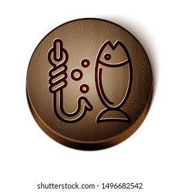 Brown line Fishing icon isolated on white background. Fish and hook. Strategy concept. Bait sign. Wooden circle button. Vector Illustration