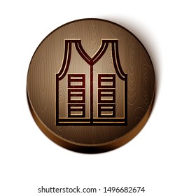 Brown line Fishing jacket icon isolated on white background. Fishing vest. Wooden circle button. Vector Illustration