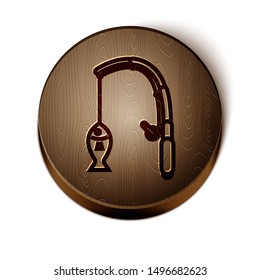Brown line Fishing rod and fish icon isolated on white background. Fishing equipment and fish farming topics. Wooden circle button. Vector Illustration