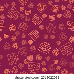 Línea marrón Cinco estrellas icono de revisión de la calificación de productos de clientes aislado patrón sin fisuras sobre fondo rojo. Favorito, mejor calificación, símbolo de premio.  Vector