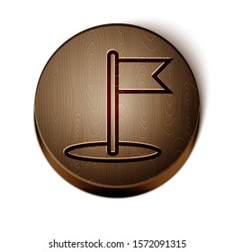Brown line Flag icon isolated on white background. Location marker symbol. Wooden circle button. Vector Illustration