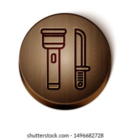 Brown line Flashlight and knife icon isolated on white background. Wooden circle button. Vector Illustration