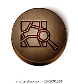 Brown line Folded map with location marker icon isolated on white background. Wooden circle button. Vector Illustration