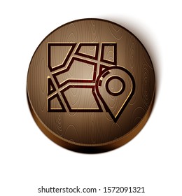 Brown line Folded map with location marker icon isolated on white background. Wooden circle button. Vector Illustration