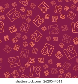 Brown line Folded map with location marker icon isolated seamless pattern on red background.  Vector