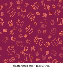 Brown line Folded map with push pin icon isolated seamless pattern on red background.  Vector Illustration