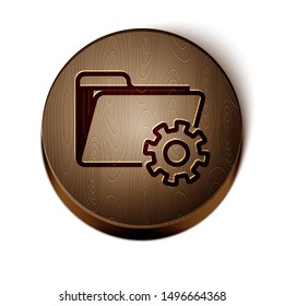 Brown line Folder settings with gears icon isolated on white background. Software update, transfer protocol, teamwork tool management. Wooden circle button. Vector Illustration