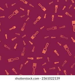 Brown line Fork icon isolated seamless pattern on red background. Cutlery symbol.  Vector