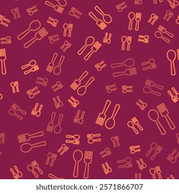 Brown line Fork and spoon icon isolated seamless pattern on red background. Cooking utensil. Cutlery sign.  Vector