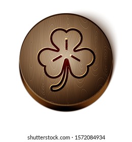 Brown line Four leaf clover icon isolated on white background. Happy Saint Patrick day. Wooden circle button. Vector Illustration