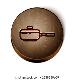 Brown line Frying pan icon isolated on white background. Fry or roast food symbol. Wooden circle button. Vector Illustration