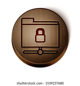 Brown line FTP folder and lock icon isolated on white background. Concept of software update. Security, safety, protection concept. Wooden circle button. Vector Illustration