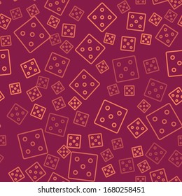 Brown line Game dice icon isolated seamless pattern on red background. Casino gambling.  Vector Illustration